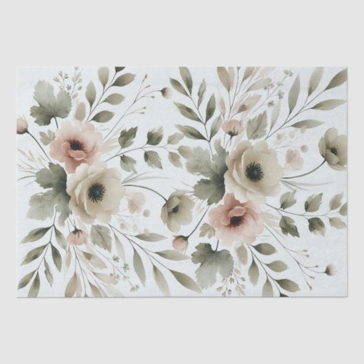 Khaki Olijfgroen Aquarel Bloem Bruiloft Tissuepapier (Voorkant)