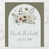 Khaki Olijfgroen Aquarel Bloem Bruiloft Wijn Etiket (Enkel label)