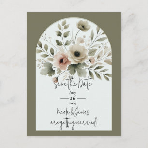 Khaki Olijfgroen Aquarel Bloem Save the Date Aankondigingskaart