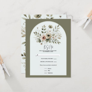 Khaki Olijfgroen Aquarel Bloemmotief RSVP Kaart