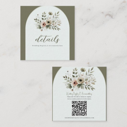 Khaki Olijfgroen Waterverf Bloemen Trouwdetail Vierkante Visitekaartje (Voorkant / Achterkant)