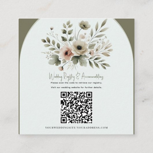 Khaki Olijfgroen Waterverf Bloemen Trouwdetail Vierkante Visitekaartje (Achterkant)