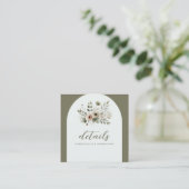 Khaki Olijfgroen Waterverf Bloemen Trouwdetail Vierkante Visitekaartje (Staand voorkant)
