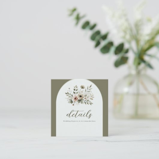 Khaki Olijfgroen Waterverf Bloemen Trouwdetail Vierkante Visitekaartje (Staand voorkant)