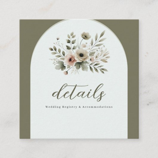 Khaki Olijfgroen Waterverf Bloemen Trouwdetail Vierkante Visitekaartje (Voorkant)