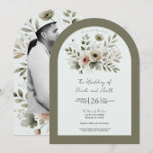 Khaki Olijfgroen Waterverf Bloemenbruiloft Kaart (Voorkant / Achterkant)