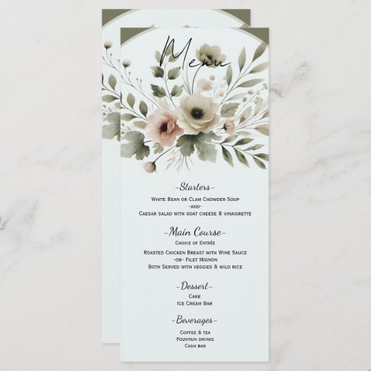 Khaki Olijfgroen Waterverf Bloemenbruiloft Menu (Voorkant / Achterkant)