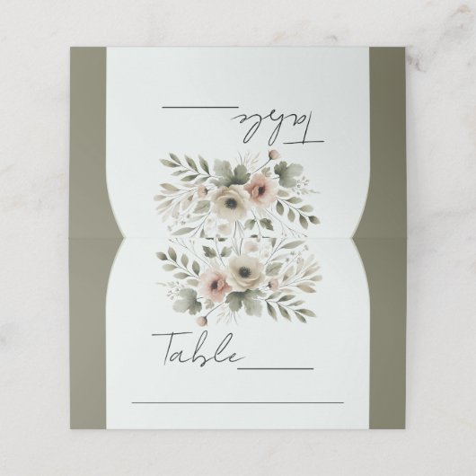 Khaki Olijfgroen Waterverf Bloemenbruiloft Plaatskaartje (Buitenkant ongevouwen)