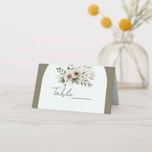Khaki Olijfgroen Waterverf Bloemenbruiloft Plaatskaartje (Achterkant)