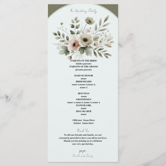 Khaki Olijfgroen Waterverf Bloemenbruiloft Programmakaart (Achterkant)