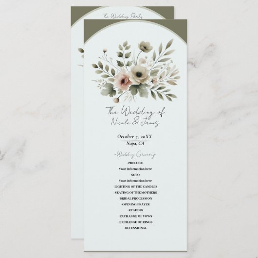 Khaki Olijfgroen Waterverf Bloemenbruiloft Programmakaart (Voorkant / Achterkant)