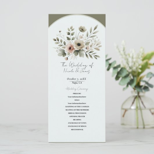 Khaki Olijfgroen Waterverf Bloemenbruiloft Programmakaart (Staand voorkant)