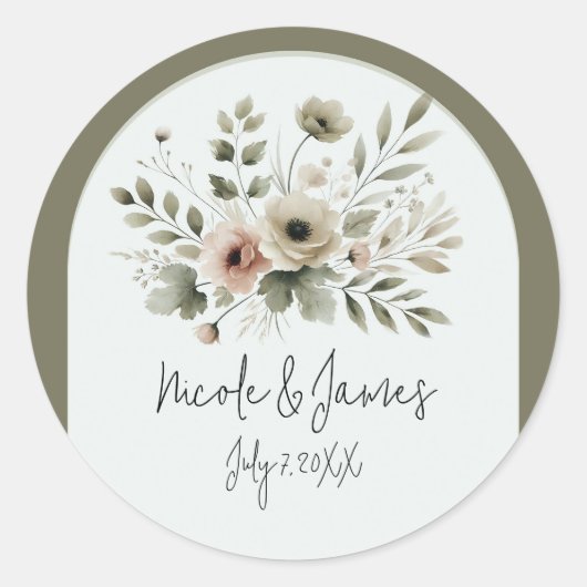 Khaki Olijfgroen Waterverf Bloemenbruiloft Ronde Sticker (Voorkant)