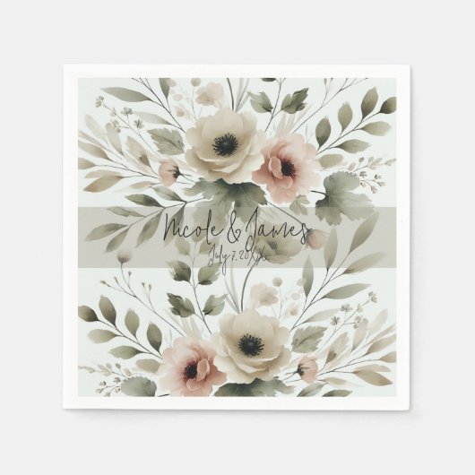 Khaki Olijfgroen Waterverf Bloemenbruiloft Servet (Voorkant)