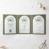Khaki Olijfgroene Aquarel Bloemige Bruiloft Drieluik Uitnodiging (Binnen)