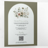 Khaki Olijfgroene Aquarel Bloemige Bruiloft Drieluik Uitnodiging (Binnenzijde eerst)