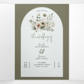 Khaki Olijfgroene Aquarel Bloemige Bruiloft Drieluik Uitnodiging (Binnenkant midden)