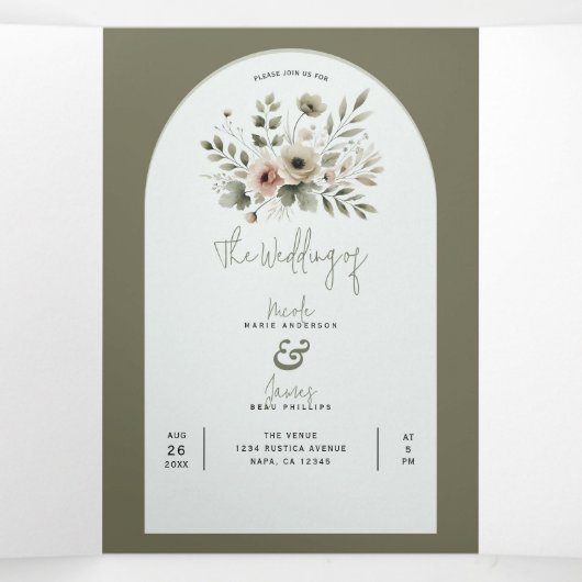 Khaki Olijfgroene Aquarel Bloemige Bruiloft Drieluik Uitnodiging (Binnenkant midden)