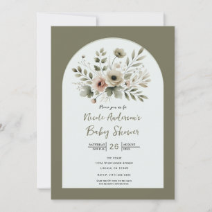 Khaki Olive Green Waterverf Floral Baby shower Kaart
