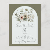 Khaki Olive Green Waterverf Floral Save Datum Aankondigingskaart (Voorkant)