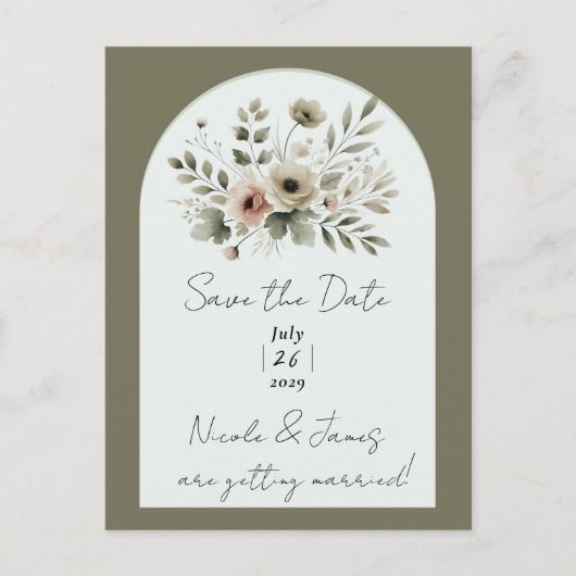 Khaki Olive Green Waterverf Floral Save Datum Aankondigingskaart (Voorkant)