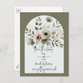 Khaki Olive Green Waterverf Floral Save the Date Aankondigingskaart (Voorkant / Achterkant)