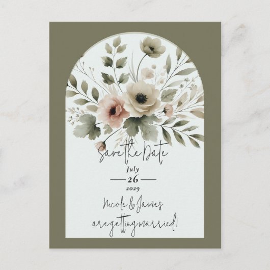 Khaki Olive Green Waterverf Floral Save the Date Aankondigingskaart (Voorkant)