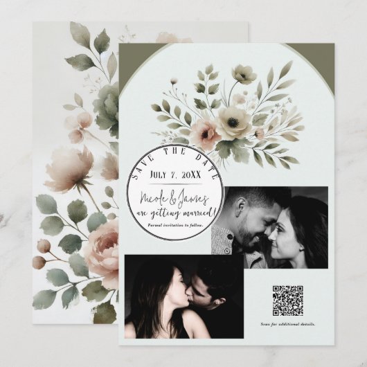 Khaki Olive Green Waterverf Floral Save the Date Kaart (Voorkant / Achterkant)