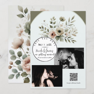 Khaki Olive Green Waterverf Floral Save the Date Kaart