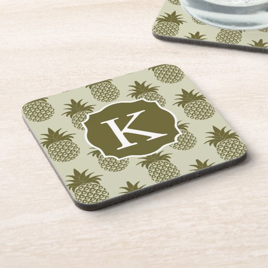 Khaki Pineapple Pattern | Voeg je Initiaal toe Bier Onderzetter (Linkerzijde)