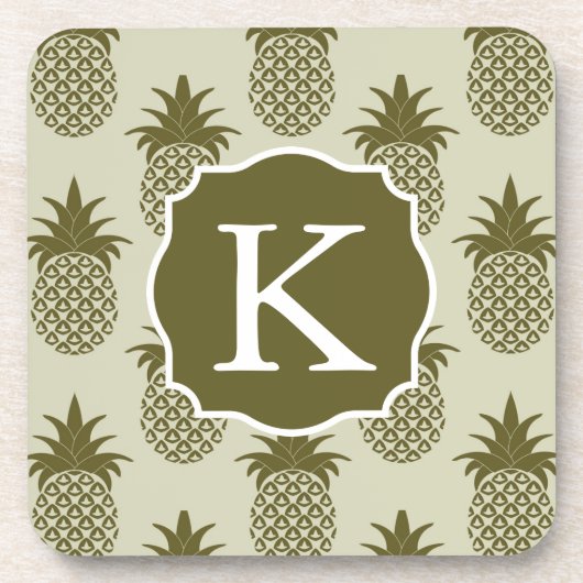 Khaki Pineapple Pattern | Voeg je Initiaal toe Bier Onderzetter (Voorkant)