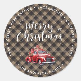 Khaki Plaid Christmas Retour Adreslabels Ronde Sticker
