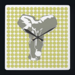 Khaki Safari Dot met Pop Art Elephant Vierkante Klok<br><div class="desc">Mod polka-puntenpatroon in het Safari-kleurenpalet van Emporio Moffa met Pop Art Elephant-design op voorzijde en gewone stippen op achterzijde.</div>