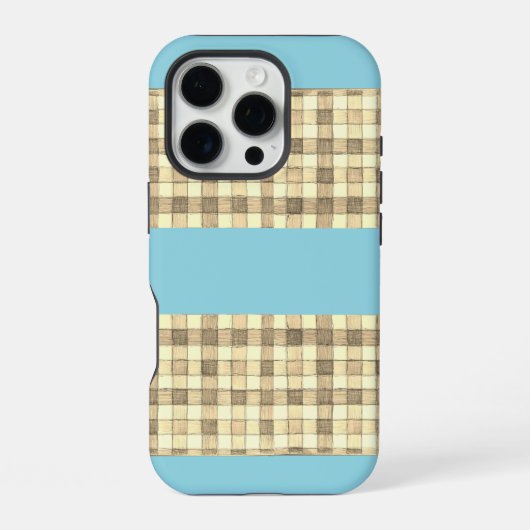 Khaki tan crème gingham blauw streep iPhone 16 hoe Hoesje (Achterkant)