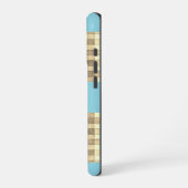 Khaki tan crème gingham blauw streep iPhone 16 hoe Hoesje (Linkerkant)