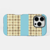 Khaki tan crème gingham blauw streep iPhone 16 hoe Hoesje (Achterkant horizontaal)