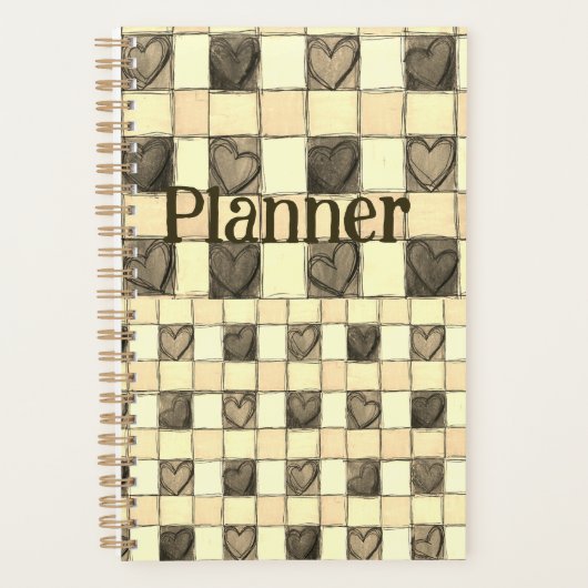 Khaki tan & crème gingham hart Planner (Voorkant)