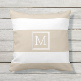 Khaki Tan en White Stripes Simple Monogram op maat Buitenkussen