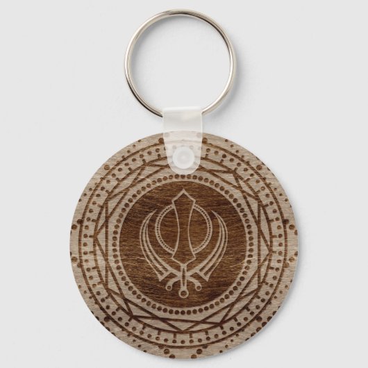 Khanda-symbool op houten textuur sleutelhanger (Voorkant)
