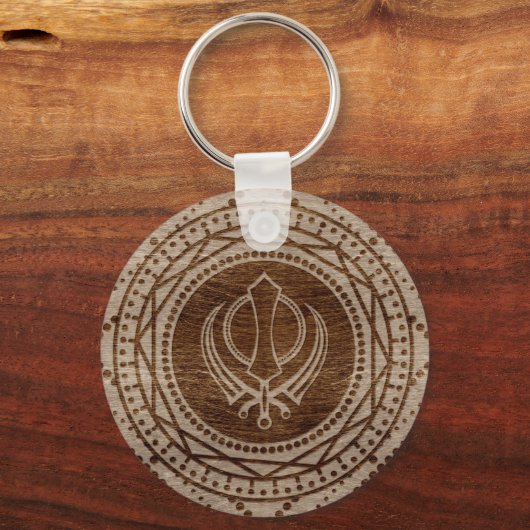 Khanda-symbool op houten textuur sleutelhanger (Voorkant)