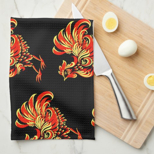 Khokhloma rooster theedoek (Quarter Fold)