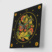 Khokhloma ~ Russische Folk Art ~ Red/Gold Flowers  Vierkante Klok (Hoek)