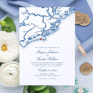 Kiawah Island SC Kaart Elegante Navy Blue Wedding