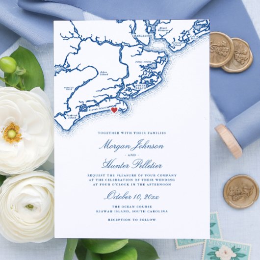 Kiawah Island SC Kaart Elegante Navy Blue Wedding