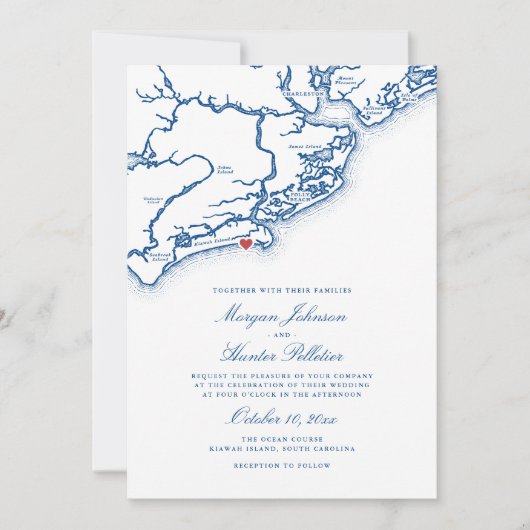 Kiawah Island SC Kaart Elegante Navy Blue Wedding (Voorkant)