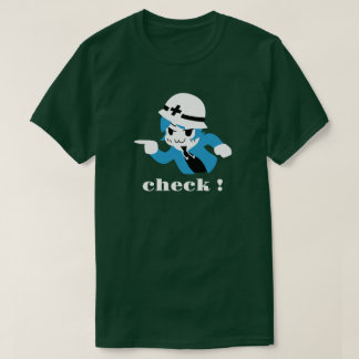 Kibo-chan pointing and checking t-shirt