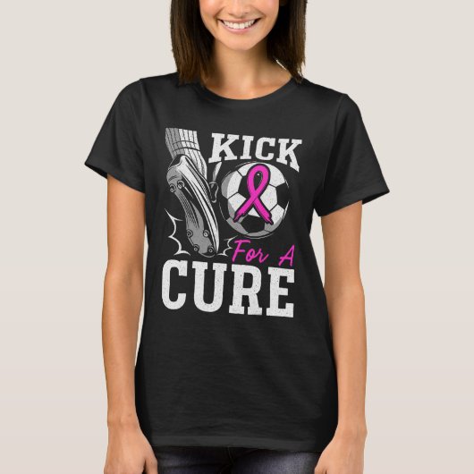 Kick For A Cure Borstkankerbewustzijn Roze Lint T-shirt (Voorkant)
