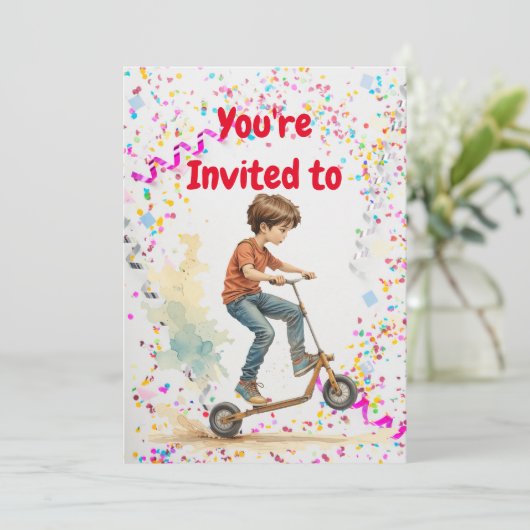Kick Scooter Thema Verjaardagsfeestje Uitnodiging (Staand voorkant)
