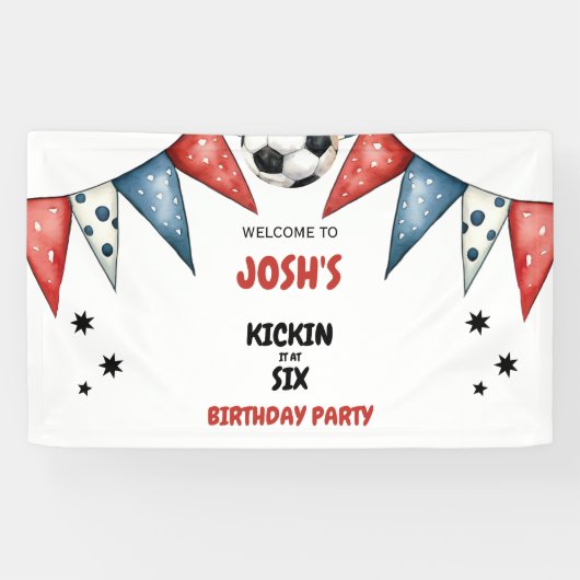 Kickin het bij Six Soccer 6th Birthday Party Rood Spandoek (Horizontaal)