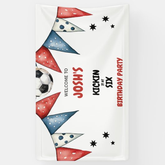 Kickin het bij Six Soccer 6th Birthday Party Rood Spandoek (Verticaal)